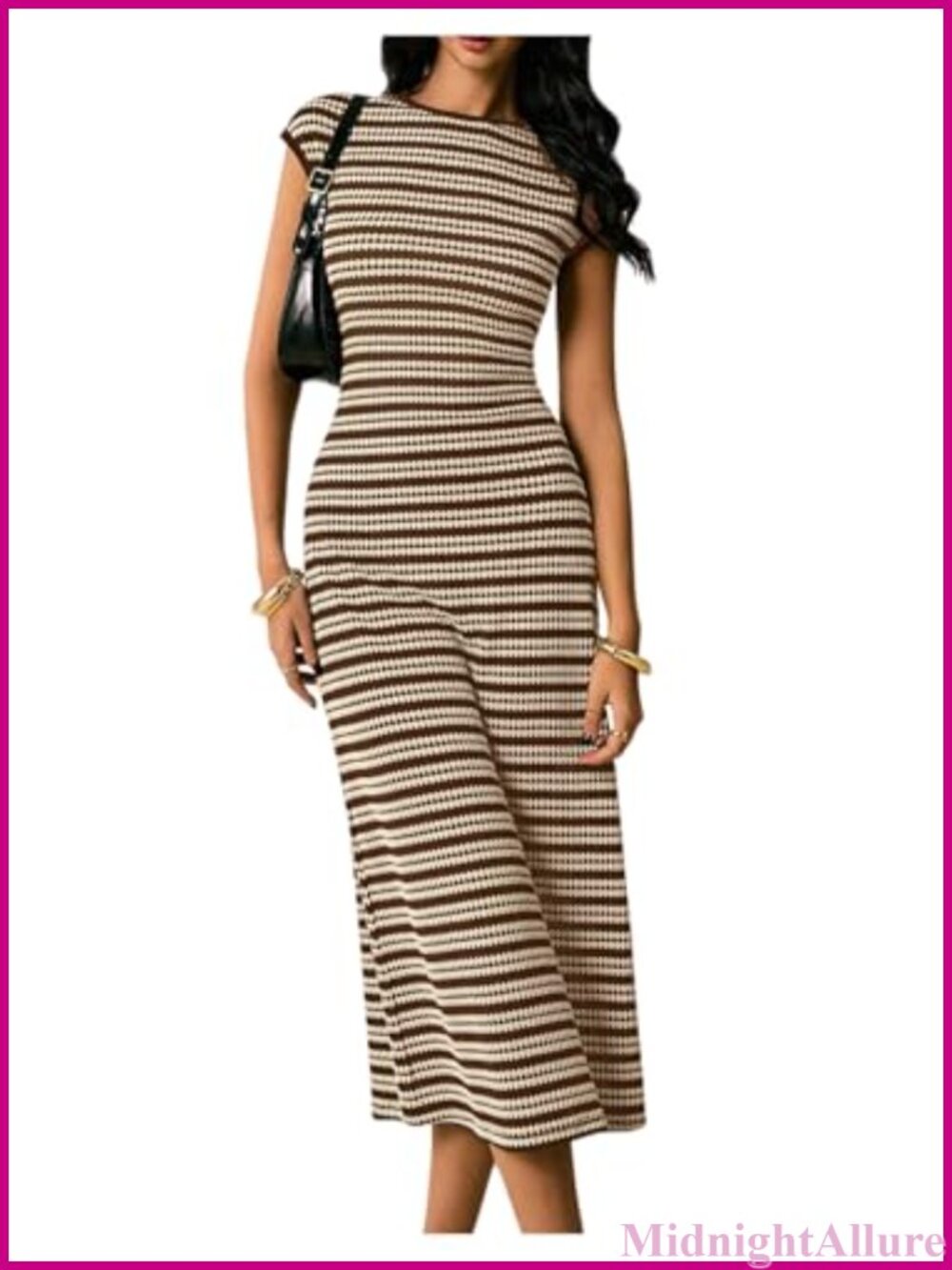 Striped Midi Bodycon Knit Dress Cap Sleeve Casual Work